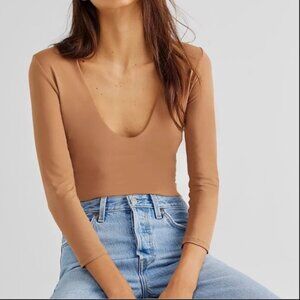 Intimately free people tan nude plunge scoop neck 3/4 sleeve  bodysuit medium